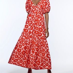 Zara Floral Printed Poplin Puff Sleeve Maxi Dress
